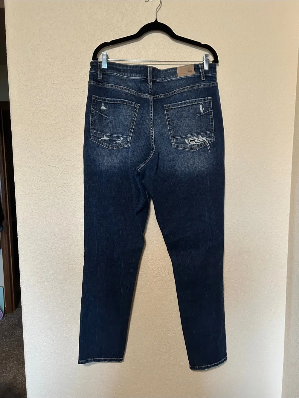 BKE Denim High Rise Distressed Straight Leg Jeans Size 32 Dark Wash Y2K